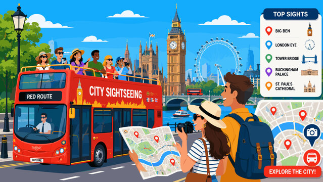 Bright red bus tours London's famous sights. Tourists explore with maps and cameras. Sunlit day with smiling travelers. Big Ben, Tower Bridge, and London Eye nearby