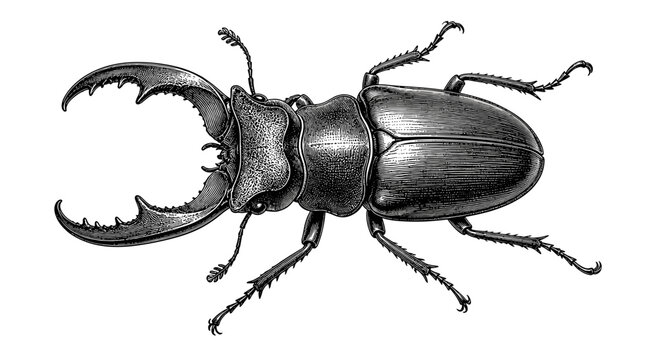 Close up of a stag beetle with large mandibles.
