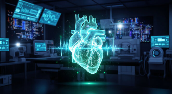 A futuristic medical lab showing a glowing blue 3D holographic heart, representing state-of-the-art cardiology research, virtual anatomy, and modern healthcare technology