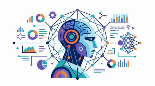 Colorful infographic of a human head with gears and graphs