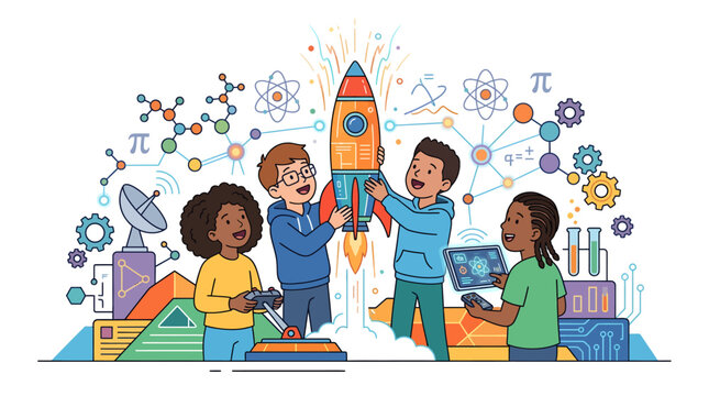 Diverse Young Students with a launching rocket surrounded by scientific symbols, symbolizing collaborative STEM education and innovation, for educational program promotion, science fair advertising,