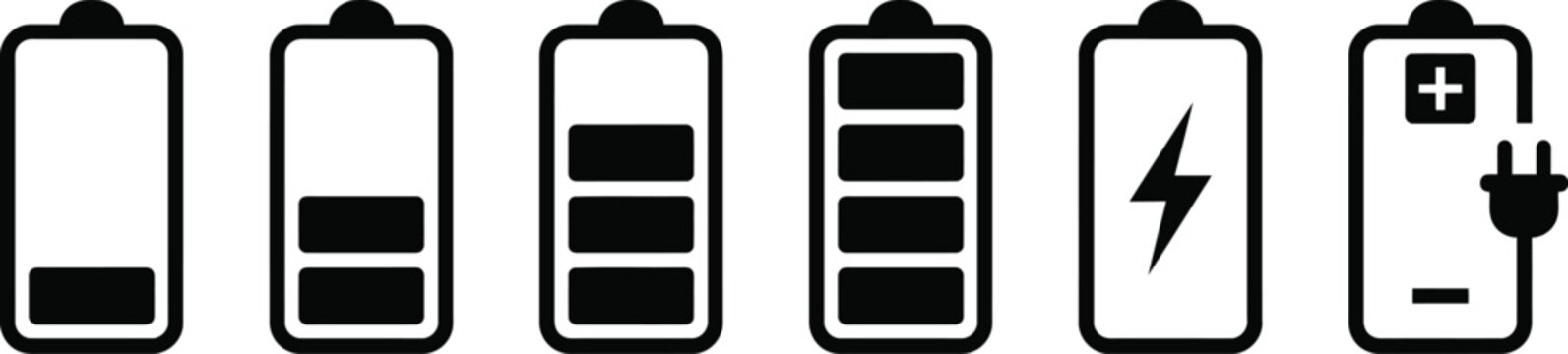 Battery level icons set with charging symbol