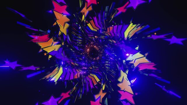 Seamless VJ loop with glowing neon stars spiral tunnel and psychedelic motion for high-tech club visuals, electronic music festivals, stage screens and for LED video walls