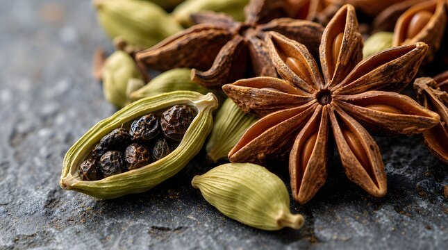 Aromatic green cardamom pods and star anise spices on a dark textured background.