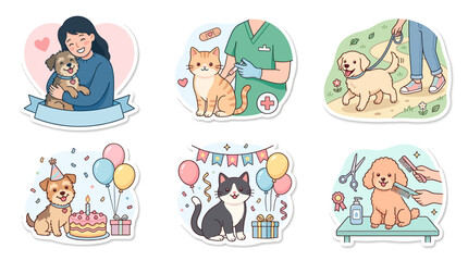 Fototapeta premium Pet care stickers depict joyful moments such as birthday celebrations, grooming sessions, and veterinary visits with happy domestic animals.