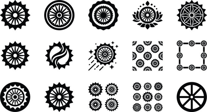 Set of black and white ashoka chakra wheel icons and patterns for indian national holiday design
