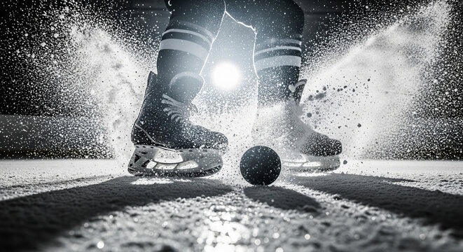 A black and white action shot of ice hockey skates kicking up a massive spray of ice, creating a dramatic, high-energy image for competitive winter sports