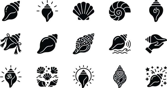 Set of black silhouette seashell icons showing various ocean shells and conch shapes for marine design projects