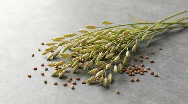 A detailed close-up shot of camelina sativa plant stalks and loose oilseeds arranged on a textured gray background representing sustainable crop farming