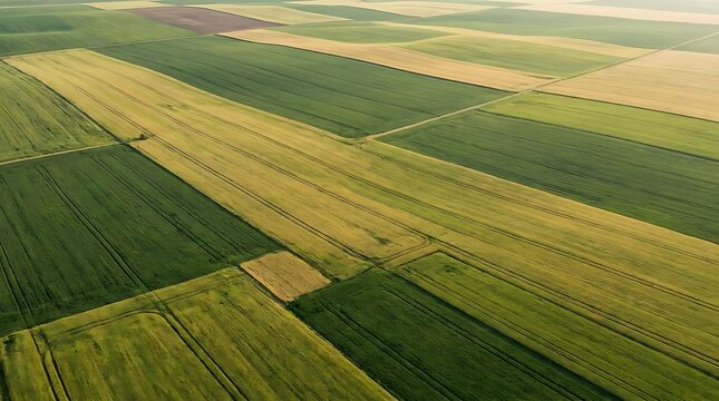Aerial view of a vibrant agricultural landscape featuring crops of Camelina sativa growing in patterned fields during a bright and sunny summer day