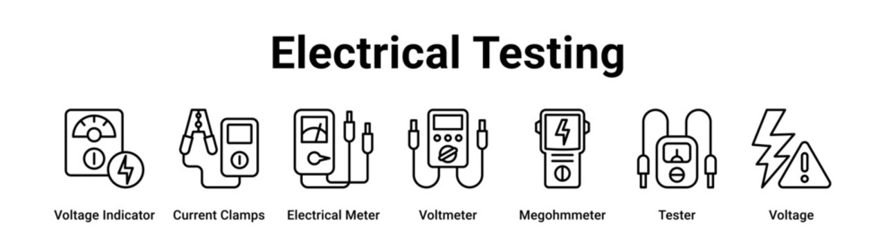 Electrical Testing web banner icon vector illustration concept for technology with icon of Voltage Indicator, Current Clamps, Electrical Meter, Voltmeter, Megohmmeter.