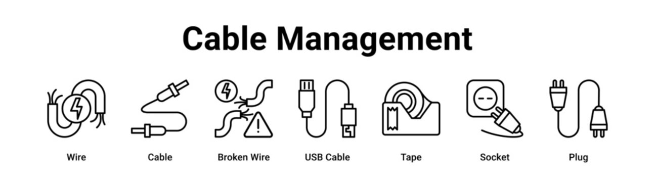 Cable Management web banner icon vector illustration concept for technology with icon of Wire, Cable, Broken Wire, USB Cable, Tape.
