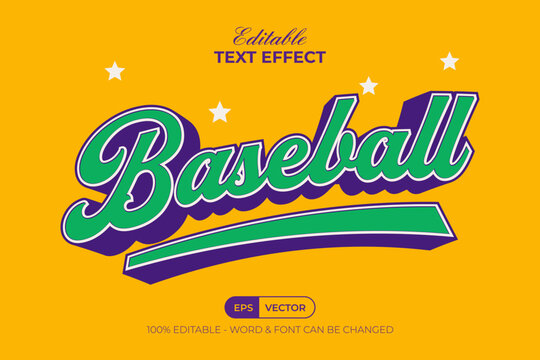 Baseball Editable Text Effect 3D Curved Green Purple Color Style.