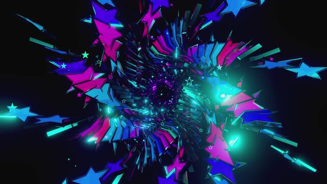 Seamless VJ loop with glowing neon stars spiral tunnel and psychedelic motion for high-tech club visuals, electronic music festivals, stage screens and for LED video walls