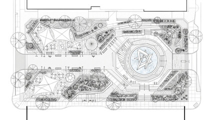 Obraz premium Contemporary Urban Plaza Landscape Master Plan Top View CAD Site Design Vector Illustration