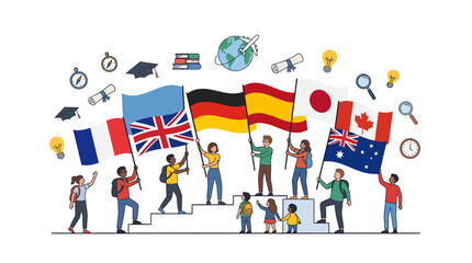 Fototapeta premium Diverse multicultural cheerful students holding national flags and travel icons in a vibrant global setting, concept for international education and cultural exchange, ideal for study abroad