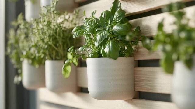 Herbs are planted in small pots on a wooden shelf in a kitchen. The morning light shines on the green leaves making the herbs look fresh. This shows a simple way to grow herbs indoors