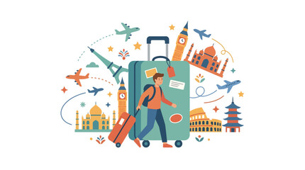 Naklejka premium Colorful cheerful vibrant student with travel luggage and global landmarks background concept for study abroad programs, international education promotion, university exchange campaigns, and cultural