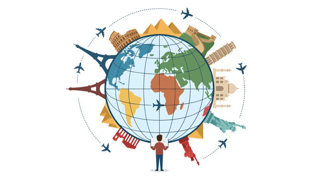 Colorful illustrative globe with diverse cultural icons and travel symbols, concept for international education and student exchange, ideal for study abroad programs, university brochures,