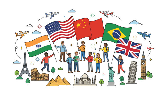 Colorful diverse multicultural student group holding national flags around globe with iconic landmarks, concept for international education and cultural exchange, ideal for study abroad programs,