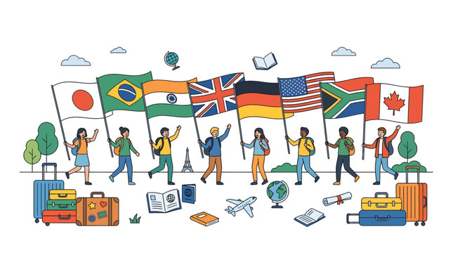 Colorful diverse multicultural students holding national flags and travel icons around a globe illustration, concept for international education and cultural exchange, ideal for study abroad