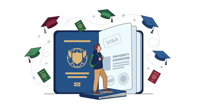 Colorful illustrated open book with a graduate student holding a passport and travel icons, concept for international education and global learning opportunities, ideal for university brochures,