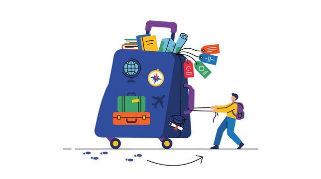 Colorful cartoon student with globe-themed backpack walking towards international education opportunities, concept for study abroad programs, university exchange promotions, educational travel