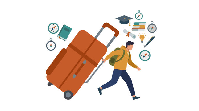 Young enthusiastic student pulling large suitcase with floating education and travel icons overhead, concept for study abroad programs, international education planning, university exchange