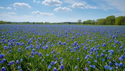 Fototapeta premium Blue Flowers Cover a Field Under a Bright Sky and Fluffy Clouds in Springtime