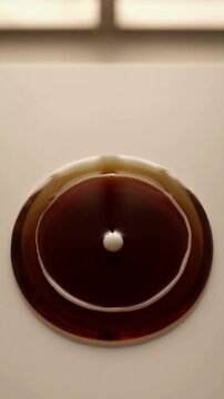 Spinning coffee vortex on flat surface creates mesmerizing pattern