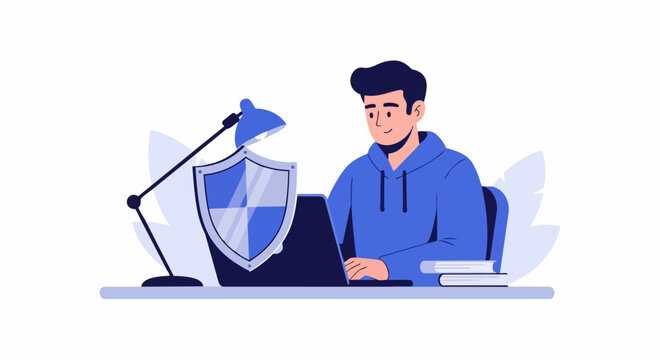Cyber Security Concept: Young Professional Working on Laptop with Digital Protection Shield for Data Privacy and Online Safety Illustration