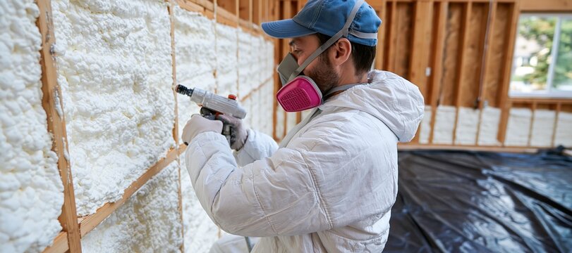 Worker spraying foam insulation on unfinished timber framed wall