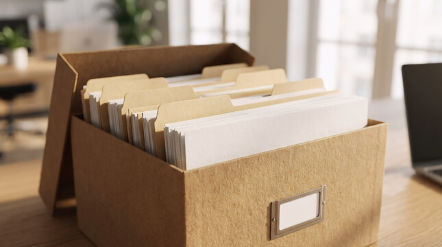 Open brown archive box with hanging file folders on a wooden office desk surface