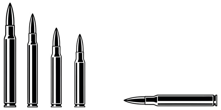 Set of various rifle cartridges and bullets in a flat black and white vector illustration style.