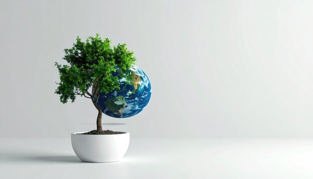A vibrant tree grows from a pot, its top branches transforming into a miniature Earth