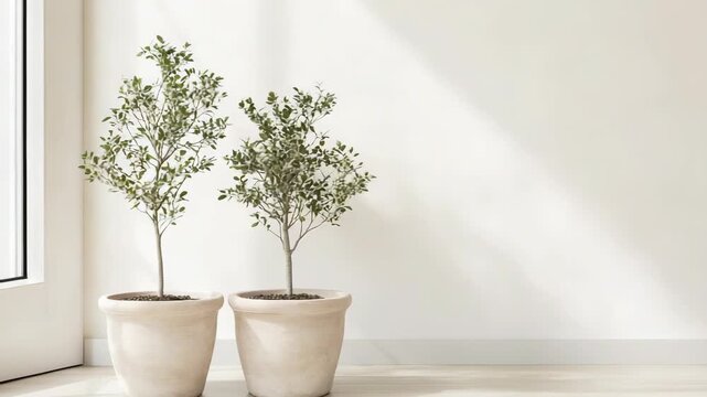Two small plants in pots are placed next to each other by a window. Sunlight streams in, creating shadows. This shows a simple indoor setup with natural light