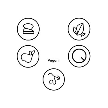 Dietary label icons set with six circular icons arranged in a 3x2 grid featuring sugar-free, fresh, lactose-free, vegan, GMO-free and gluten-free with black and white line art and flat design
