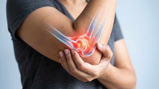 Person experiencing severe elbow joint inflammation and chronic musculoskeletal pain highlighted with medical visualization