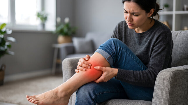 Woman Suffering From Severe Leg Muscle Pain or Shin Splint Injury While Sitting at Home