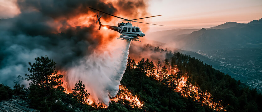 山火事に放水する消防ヘリ、森林火災の空中消火イメージ