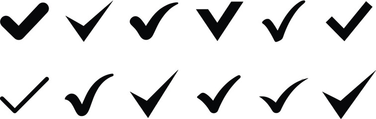 Black check mark icon set, 12 vector tick symbols for approval and validation, minimalist flat checkmark collection for web and app UI design © Sonia Sangma