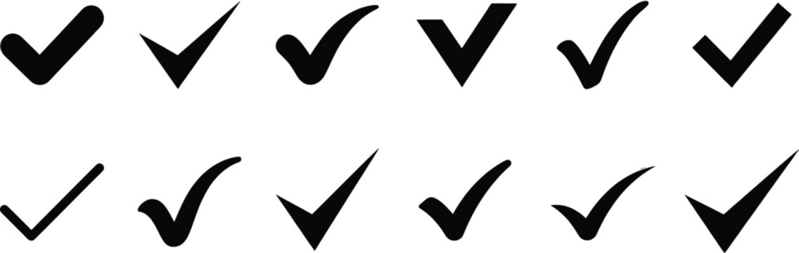Black check mark icon set, 12 vector tick symbols for approval and validation, minimalist flat checkmark collection for web and app UI design