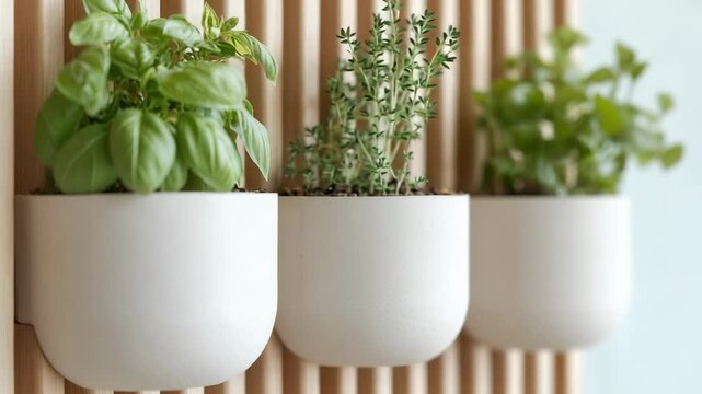 Plants are arranged in wall-mounted planters in a modern indoor space. The basil and thyme show vibrant colors and healthy growth. This setup offers a unique way to display herbs