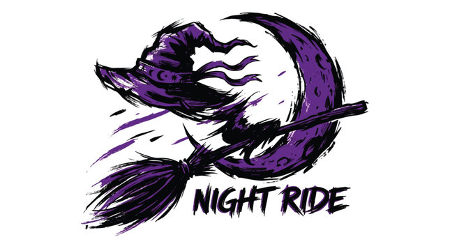 Halloween Night Ride Vector Illustration with Flying Witch Broom Hat and Crescent Moon in Purple and Black