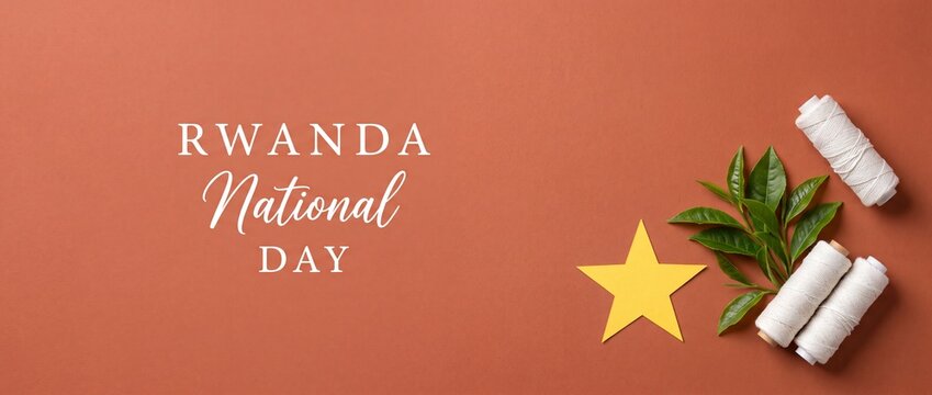 Rwanda National Day background design with yellow star, green tea leaves, and spool of thread crafting conceptual minimal banner for patriotic celebration, independence holiday and liberation day flag