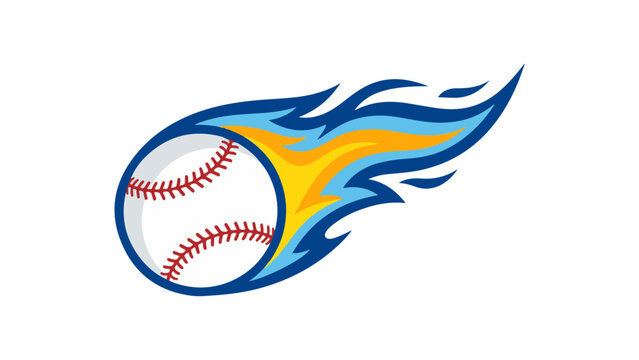 Baseball ball with colorful blue and orange fire flames flying fast as a sports icon illustration for game design