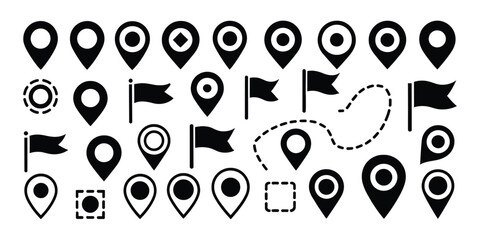 Location icon set in flat style, map pin pointer symbols for navigation, GPS tracking, travel apps, address marking, and geographic interface design. © Ayat0002