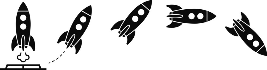 Black rocket ship icons in different flight positions © MdAshfakurRahman