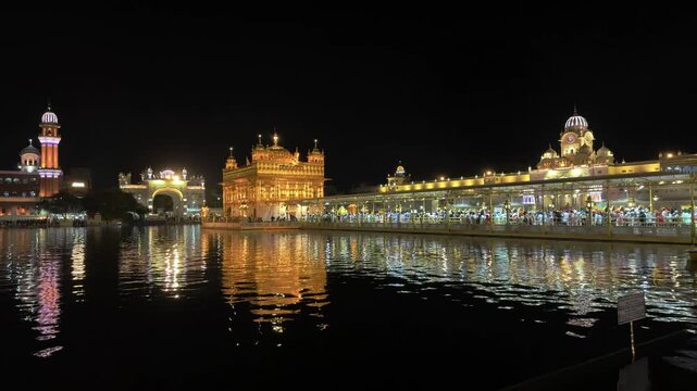 Night View of Golden Temple Harmandir Sahib, Sikh Temple in Amritsar, Punjab, night, city