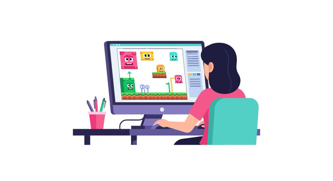 Woman Game Developer Creating 2D Pixel Art Video Game on Desktop Computer Illustration